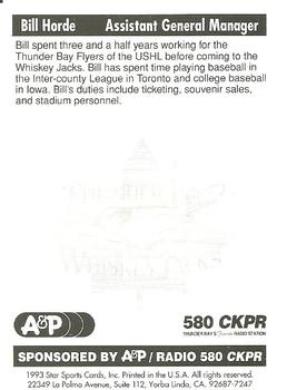 1993 Star Sports Thunder Bay Whiskey Jacks #NNO Bill Horde Back