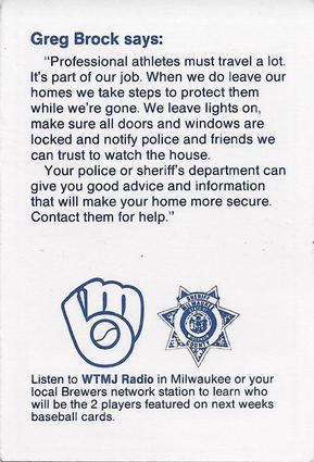 1987 Milwaukee Brewers Police - Milwaukee County Sheriff's Department #NNO Greg Brock Back