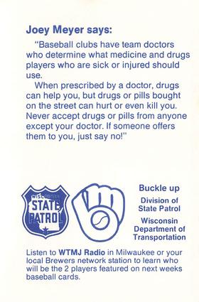 1988 Milwaukee Brewers Police - Wisconsin State Patrol #NNO Joey Meyer Back