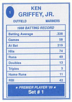1989 Premier Player '89 Set # 1 (unlicensed) #1 Ken Griffey Jr. Back