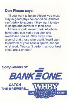 1989 Milwaukee Brewers Police - Appleton Police Department, BANK ONE, APPLETON, N.A. & AM 1230 WHBY Radio #NNO Dan Plesac Back