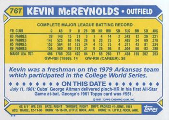 1987 Topps Traded #76T Kevin McReynolds Back