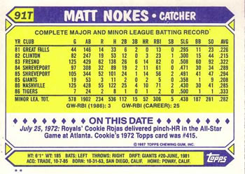 1987 Topps Traded #91T Matt Nokes Back