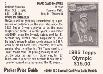 1989 SCD Baseball Card Price Guide Monthly #1 Mark McGwire Back
