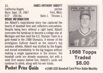 1989 SCD Baseball Card Price Guide Monthly #11 Jim Abbott Back