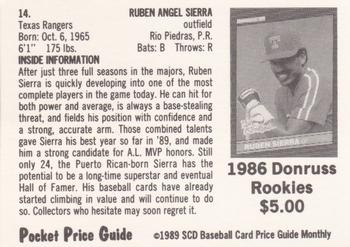 1989 SCD Baseball Card Price Guide Monthly #14 Ruben Sierra Back