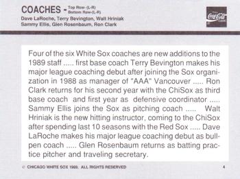 1989 Coca-Cola Chicago White Sox  #4 Coaching Staff Back