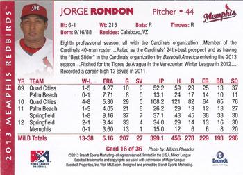 2013 Brandt Memphis Redbirds #16 Jorge Rondon Back