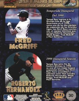 1998 Pacific Invincible - Team Checklists #30 Wade Boggs / Fred McGriff / Paul Sorrento / Roberto Hernandez Back