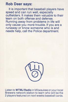 1990 Milwaukee Brewers Police - Greendale Police Department and Greendale Jaycees & Greendale Village Jaycees #NNO Rob Deer Back