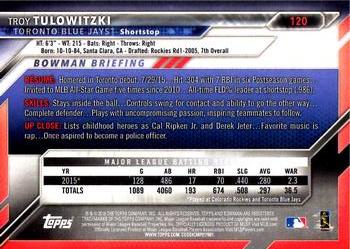 2016 Bowman #120 Troy Tulowitzki Back