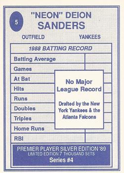 1989 Premier Player Silver Edition Series 4 (unlicensed) #5 Deion Sanders Back