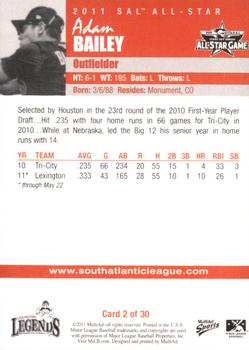 2011 MultiAd South Atlantic League All-Stars South #2 Adam Bailey Back