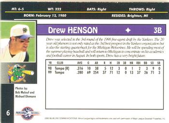 2000 Blueline Q-Cards Norwich Navigators #6 Drew Henson Back