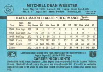 1988 Donruss #257 Mitch Webster Back