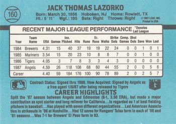 1988 Donruss #160 Jack Lazorko Back