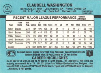 1988 Donruss #340 Claudell Washington Back
