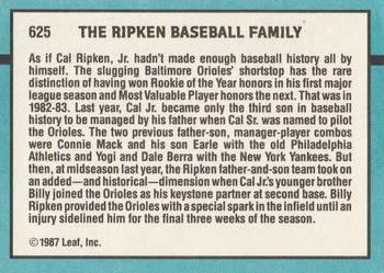1988 Donruss #625 Ripken Baseball Family (Billy Ripken / Cal Ripken Sr. / Cal Ripken Jr.) Back