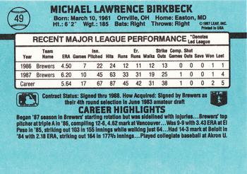 1988 Donruss #49 Mike Birkbeck Back