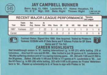 1988 Donruss #545 Jay Buhner Back