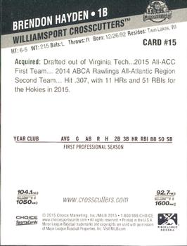 2015 Choice Williamsport Crosscutters #15 Brendon Hayden Back