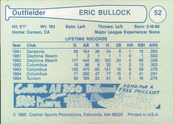 1985 Cramer Tucson Toros #52 Eric Bullock Back
