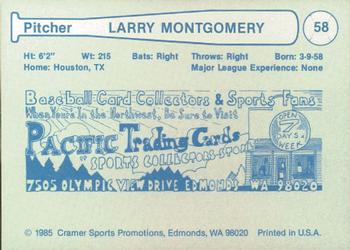 1985 Cramer Tucson Toros #58 Larry Montgomery Back