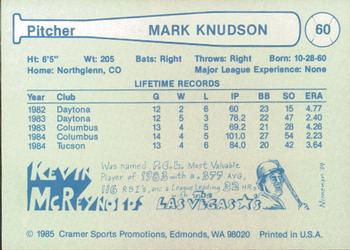 1985 Cramer Tucson Toros #60 Mark Knudson Back