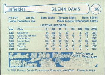 1985 Cramer Tucson Toros #65 Glenn Davis Back
