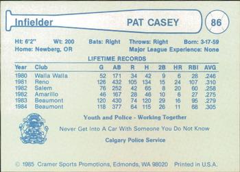 1985 Cramer Calgary Cannons #86 Pat Casey Back