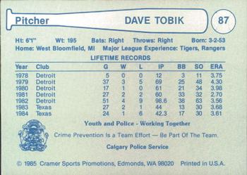 1985 Cramer Calgary Cannons #87 Dave Tobik Back