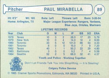 1985 Cramer Calgary Cannons #89 Paul Mirabella Back