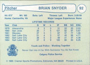 1985 Cramer Calgary Cannons #92 Brian Snyder Back