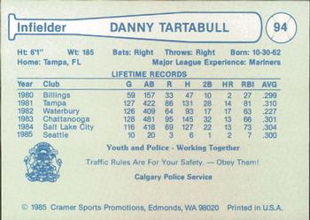 1985 Cramer Calgary Cannons #94 Danny Tartabull Back