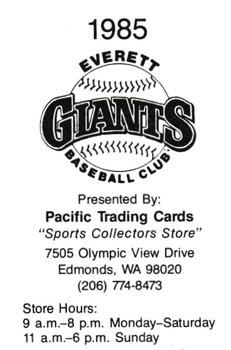 1985 Pacific Everett Giants II #NNO Joe Strain Back