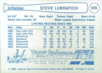 1985 Cramer Las Vegas Stars #106 Steve Lubratich Back