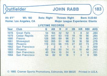 1985 Cramer Phoenix Giants #183 John Rabb Back
