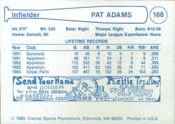 1985 Cramer Phoenix Giants #186 Pat Adams Back