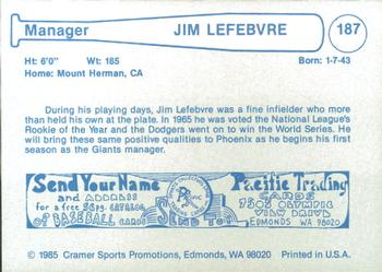 1985 Cramer Phoenix Giants #187 Jim Lefebvre Back