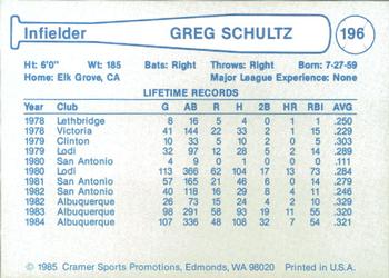 1985 Cramer Phoenix Giants #196 Greg Schultz Back