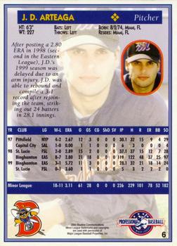 2000 Blueline Q-Cards Binghamton Mets #6 J.D. Arteaga Back