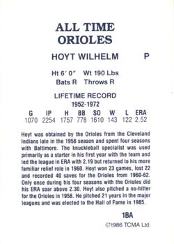 1986 TCMA All-Time Baltimore Orioles #1BA Hoyt Wilhelm Back