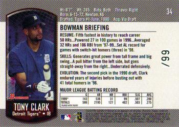 2000 Bowman - Gold #34 Tony Clark  Back