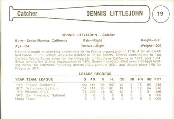 1979 Cramer Phoenix Giants #19 Dennis Littlejohn Back