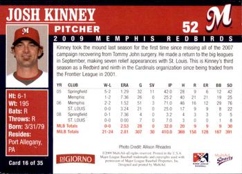 2009 MultiAd Memphis Redbirds #16 Josh Kinney Back
