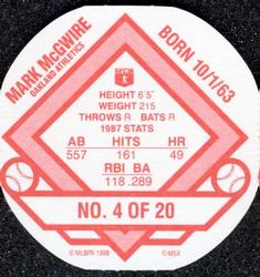 1988 Our Own Tea Discs #4 Mark McGwire Back