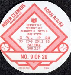 1988 Our Own Tea Discs #9 Roger Clemens Back