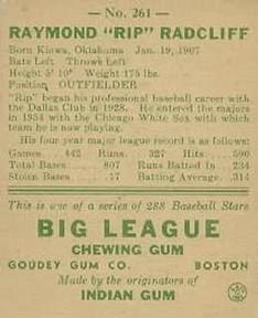 1938 Goudey Heads-Up (R323) #261 Rip Radcliff Back