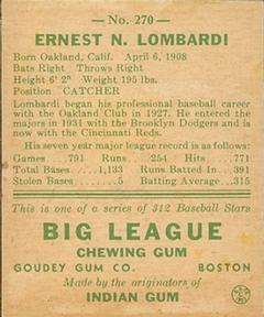 1938 Goudey Heads-Up (R323) #270 Ernie Lombardi Back