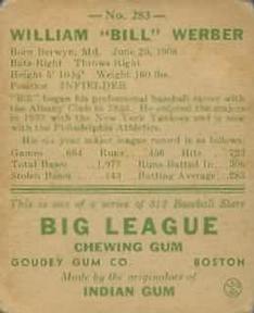 1938 Goudey Heads-Up (R323) #283 Billy Werber Back